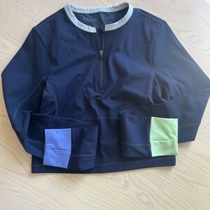 Sweaty Betty Navy Long Sleeve Zip with Color Block Cuffs M NWOT